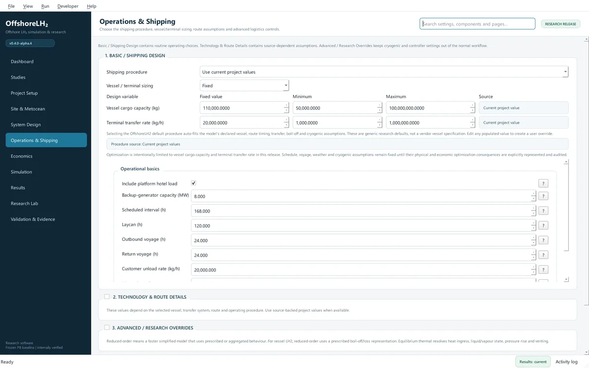 Operations and Shipping page with shipping procedure, vessel cargo capacity and terminal transfer settings.