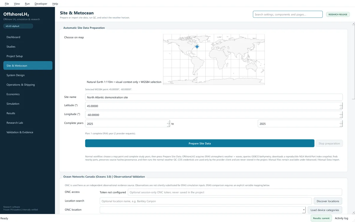 OffshoreLH2 Site and Metocean page with a world map for choosing a site and preparing ERA5 weather data.